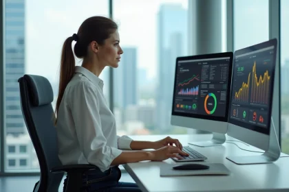Femme en analyse de donn&eacute;es dans un bureau moderne
