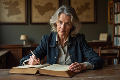 Femme d'âge moyen feuilletant un vieux registre Cora dans une bibliothèque