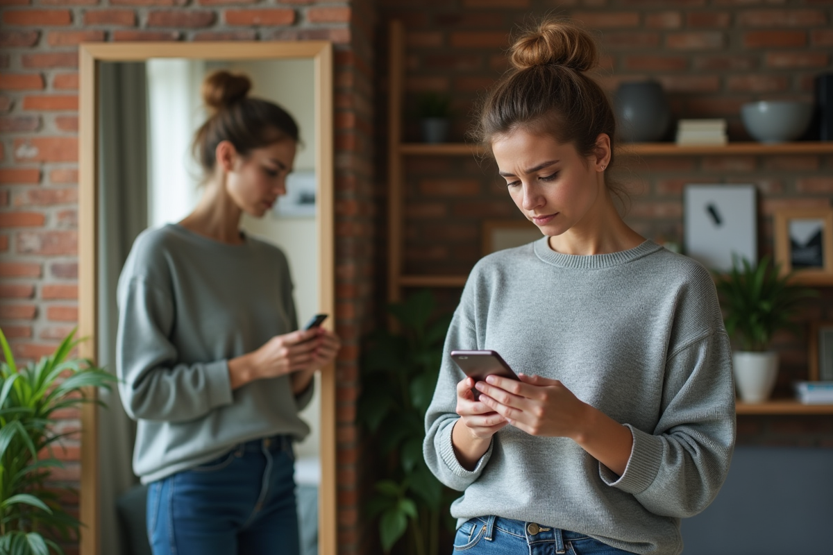 Femme dans son salon regardant son smartphone avec inquiétude