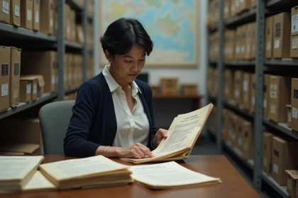 Femme d'âge moyen feuilletant un rapport ancien dans une salle d'archives