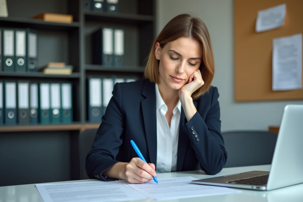 Femme en tenue professionnelle annotant un mémo au bureau