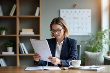 Femme professionnelle consultant un calendrier annuel 2026 pour planifier les semaines de travail et jours ouvrables