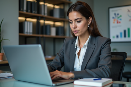 Femme professionnelle &eacute;tudie un tableau digital au bureau