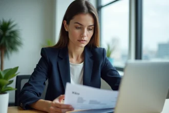 Femme en blazer consultant un document Kbis sur son bureau pour répondre à une demande bancaire
