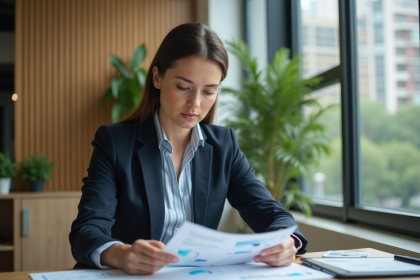Femme professionnelle en bureau écologique avec rapport