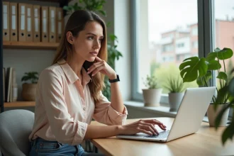 Jeune femme au bureau avec ordinateur portable
