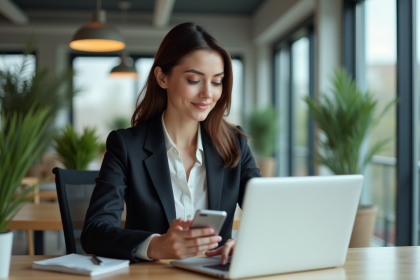 Femme professionnelle au bureau utilisant un ordinateur portable