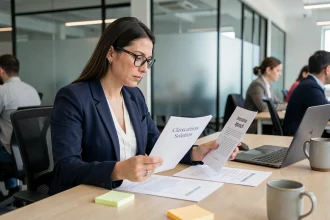 Femme en blazer marine comparant deux solutions professionnelles sur un bureau moderne, illustrant l'analyse comparative entre Koivaninbez et les approches classiques