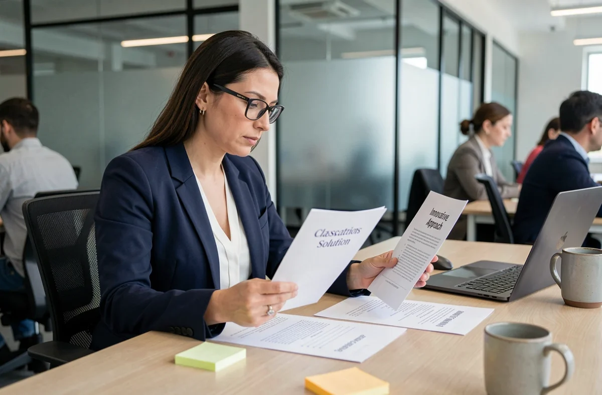 Femme en blazer marine comparant deux solutions professionnelles sur un bureau moderne, illustrant l'analyse comparative entre Koivaninbez et les approches classiques