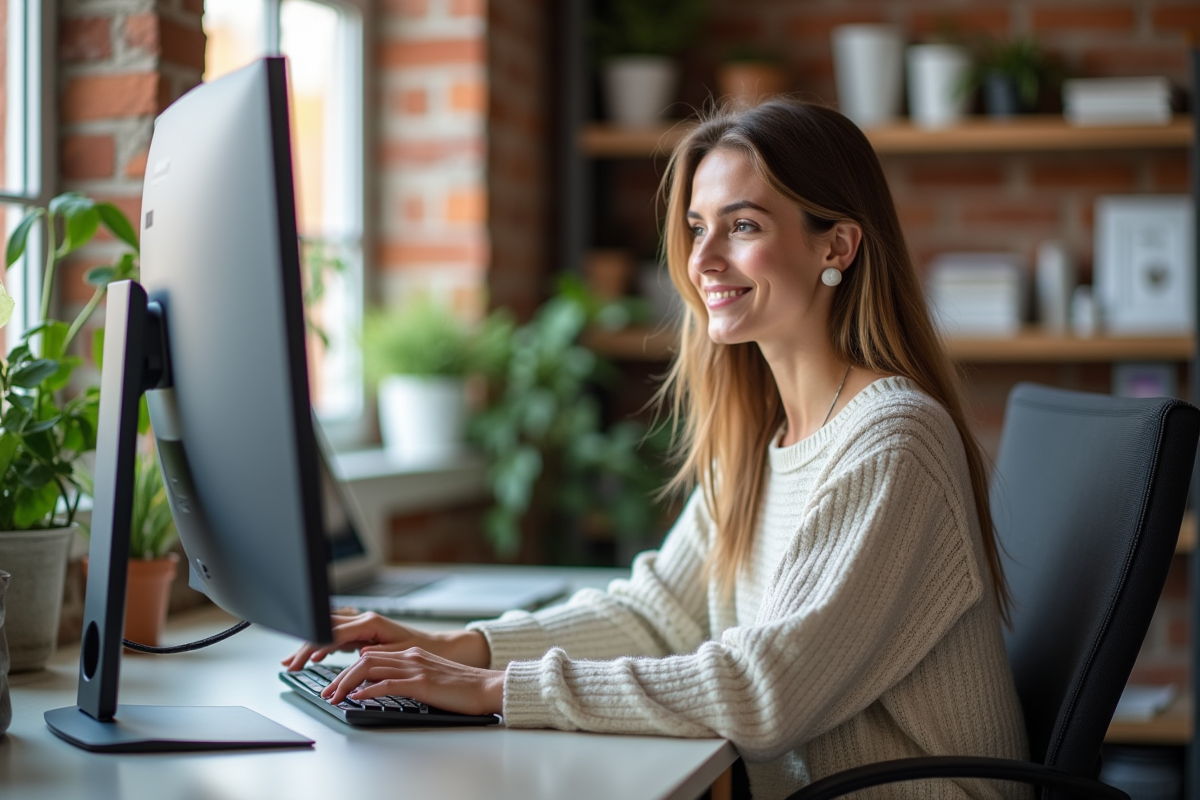 Femme confiante utilisant un logiciel CRM sur un bureau lumineux