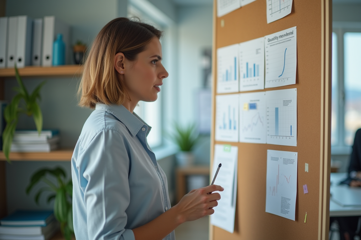 Femme d affaires examinant des graphiques de controle qualité