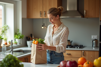 Femme française dans la cuisine moderne en train de déballer ses courses