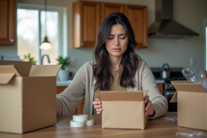 Femme emballant des cartons dans une cuisine à la maison