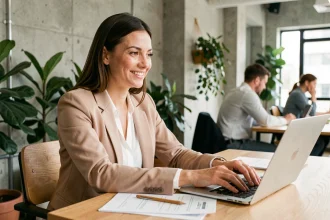 Femme professionnelle souriante travaillant sur son ordinateur portable dans un espace de coworking moderne, symbolisant l'emploi choisi et la sérénité financière