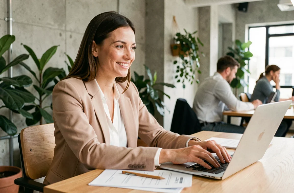 Femme professionnelle souriante travaillant sur son ordinateur portable dans un espace de coworking moderne, symbolisant l'emploi choisi et la sérénité financière