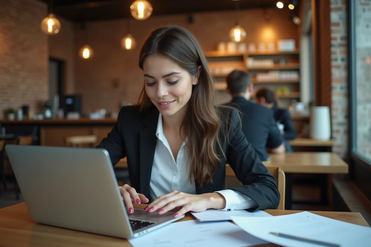 Jeune femme entrepreneure utilisant un ordinateur portable au caf&eacute;