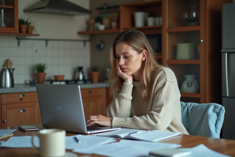 Femme fatiguée travaillant à la maison dans la cuisine
