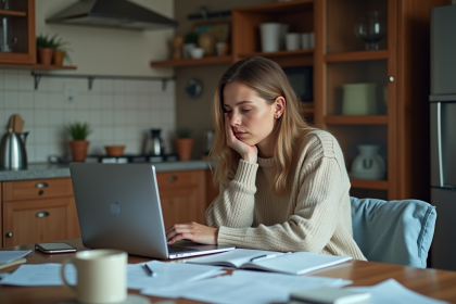 Femme fatigu&eacute;e travaillant &agrave; la maison dans la cuisine