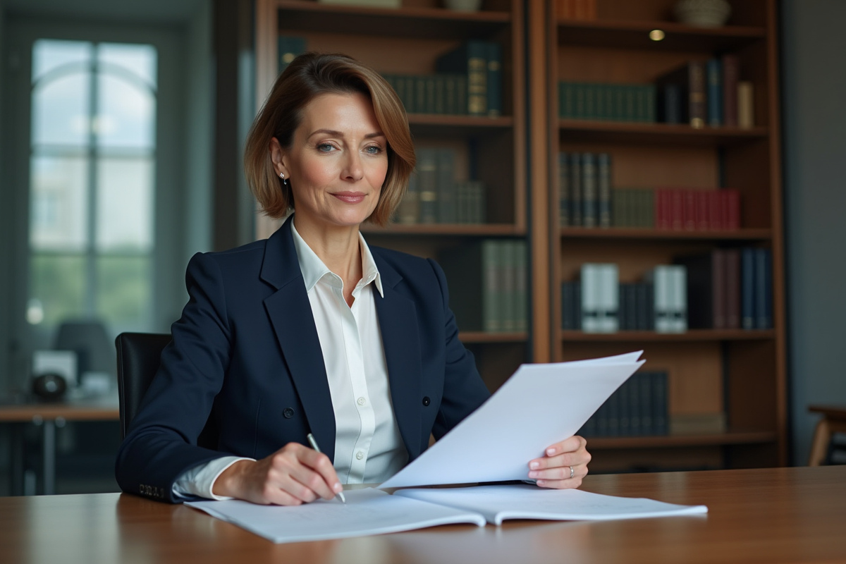 Femme française en bureau lisant des documents officiels