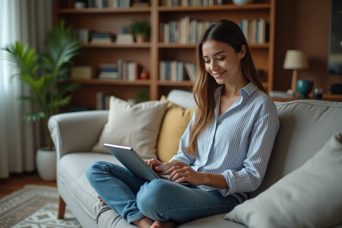 Jeune femme gérant ses demandes RH sur tablette depuis son canapé à domicile dans une ambiance détendue