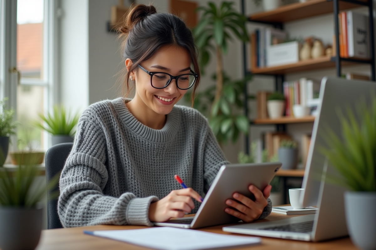 Femme utilisant une tablette pour une transaction crypto à la maison