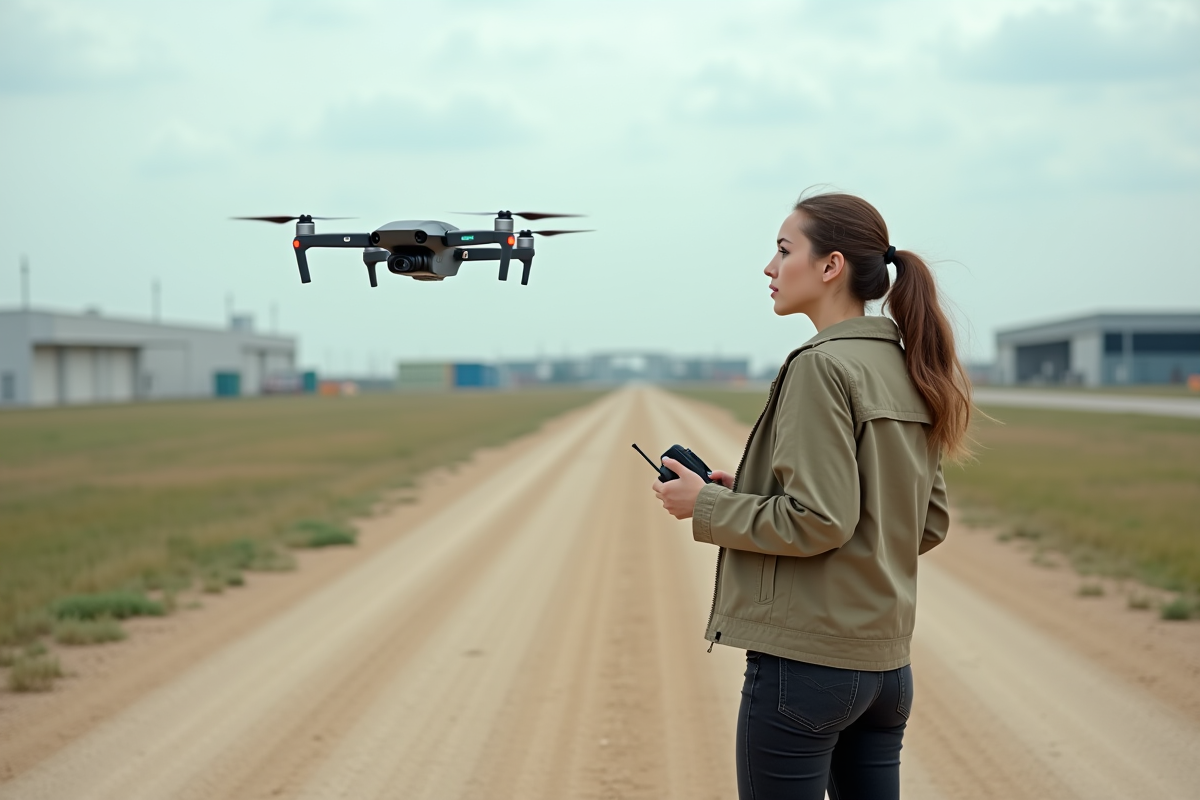 Jeune femme lançant un drone en extérieur