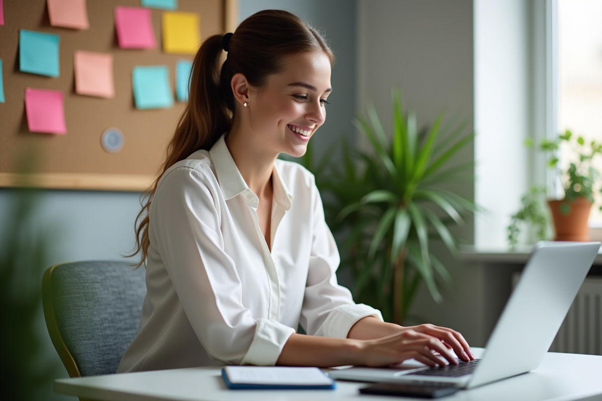 Jeune femme souriante utilisant un ordinateur dans un bureau moderne