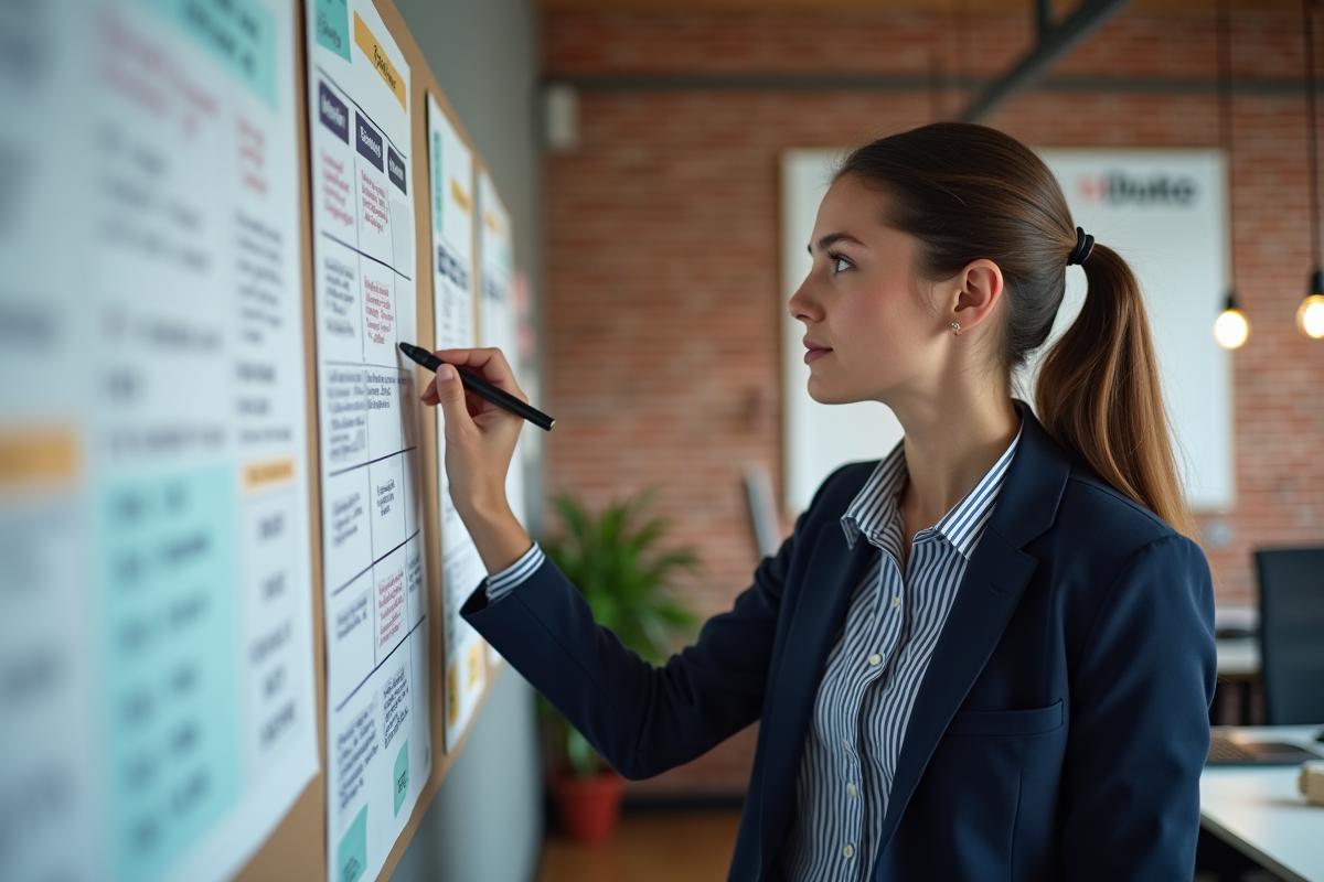 Jeune femme notant des réunions sur un calendrier mural