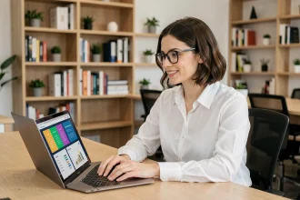 Femme professionnelle utilisant un outil IA marketing pour créer une page de vente persuasive sur son ordinateur portable