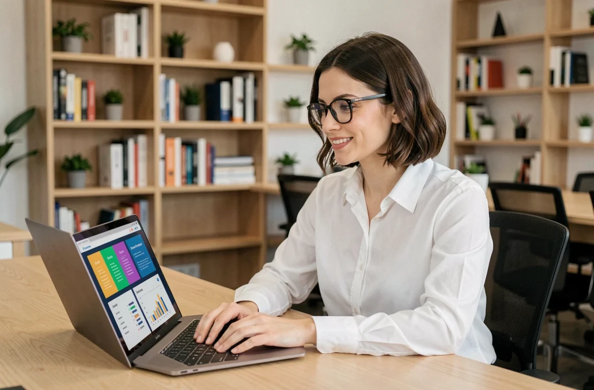 Femme professionnelle utilisant un outil IA marketing pour créer une page de vente persuasive sur son ordinateur portable