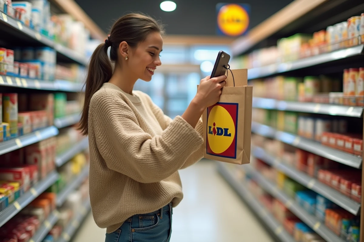 Jeune femme photographiant avec son smartphone le logo Lidl sur un sac réutilisable dans un rayon de supermarché