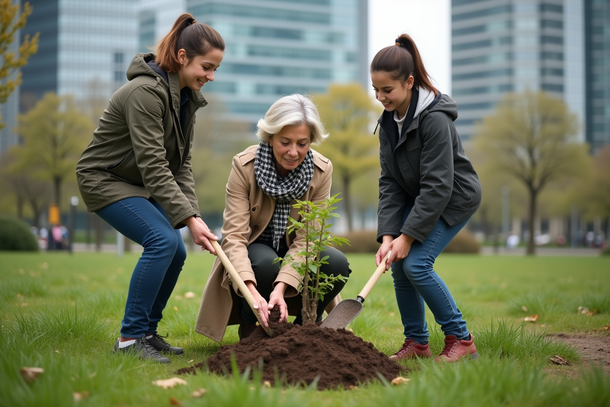 Femme plantant un jeune arbre dans un parc urbain