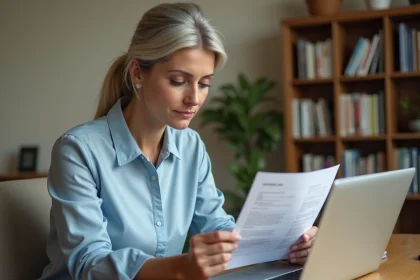 Femme consultant le portail Malin La Poste sur un ordinateur portable dans un bureau à domicile