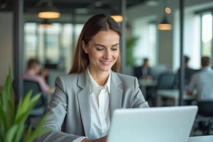 Femme consultant le portail RH Hrforyou sur son ordinateur portable dans un bureau moderne, suivant ses demandes RH sans stress
