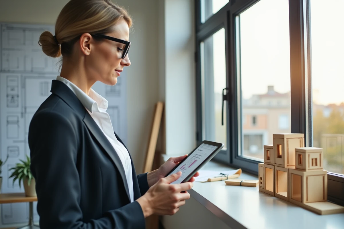 Femme professionnelle regardant sa tablette dans un studio de construction