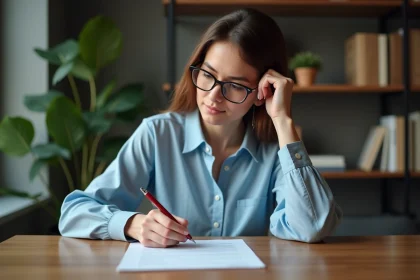 Femme professionnelle en revue un manuscrit dans un bureau calme