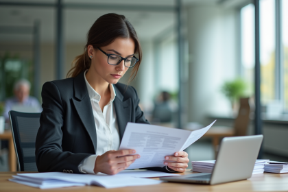 Femme d affaires examine un rapport médical dans un bureau moderne
