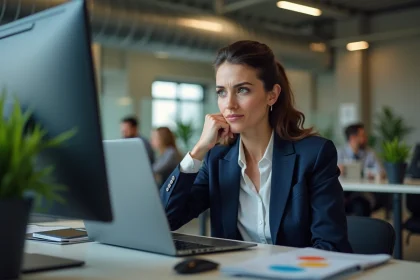 Femme professionnelle au bureau regardant son profil LinkedIn avec des émojis dans le titre de poste, expression dubitative