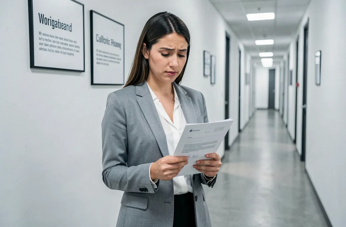 Jeune femme professionnelle lisant une lettre de promotion dans un couloir d'entreprise, symbolisant l'ascension hiérarchique et le principe de Peter en milieu organisationnel