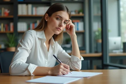 Femme r&eacute;digeant une lettre de d&eacute;mission dans un bureau lumineux