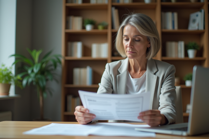 Femme d'âge moyen examinant des documents de retraite dans un bureau à domicile