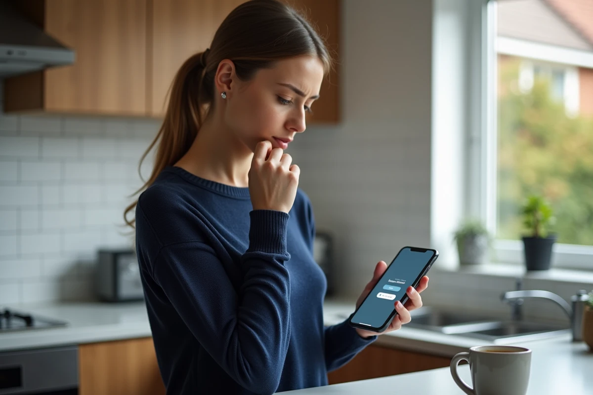 Femme consultant son smartphone avec une notification d'échec de connexion à une application professionnelle