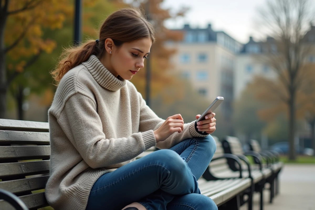 Femme regardant sa smartwatch sur un banc de parc urbain
