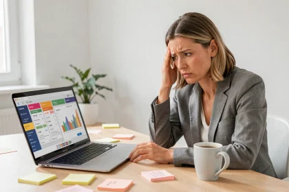 Femme stressée devant un écran d'ordinateur affichant des tableaux de bord d'outils IA avec des erreurs de budget