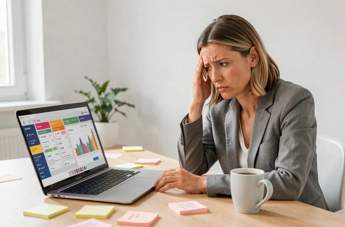 Femme stressée devant un écran d'ordinateur affichant des tableaux de bord d'outils IA avec des erreurs de budget
