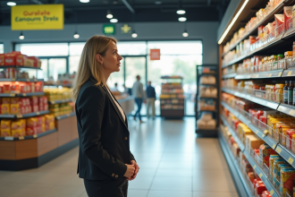 Femme d'âge moyen examine des produits en supermarche