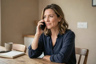Femme au téléphone avec un conseiller Orange depuis son domicile, assise à une table en bois