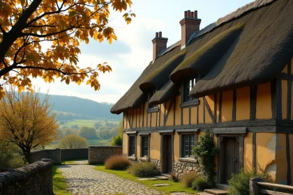 Ferme normande traditionnelle à Terrerie avec colombages et verger de pommiers en automne