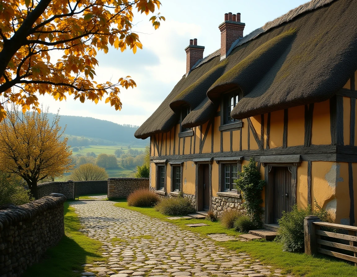 Ferme normande traditionnelle à Terrerie avec colombages et verger de pommiers en automne