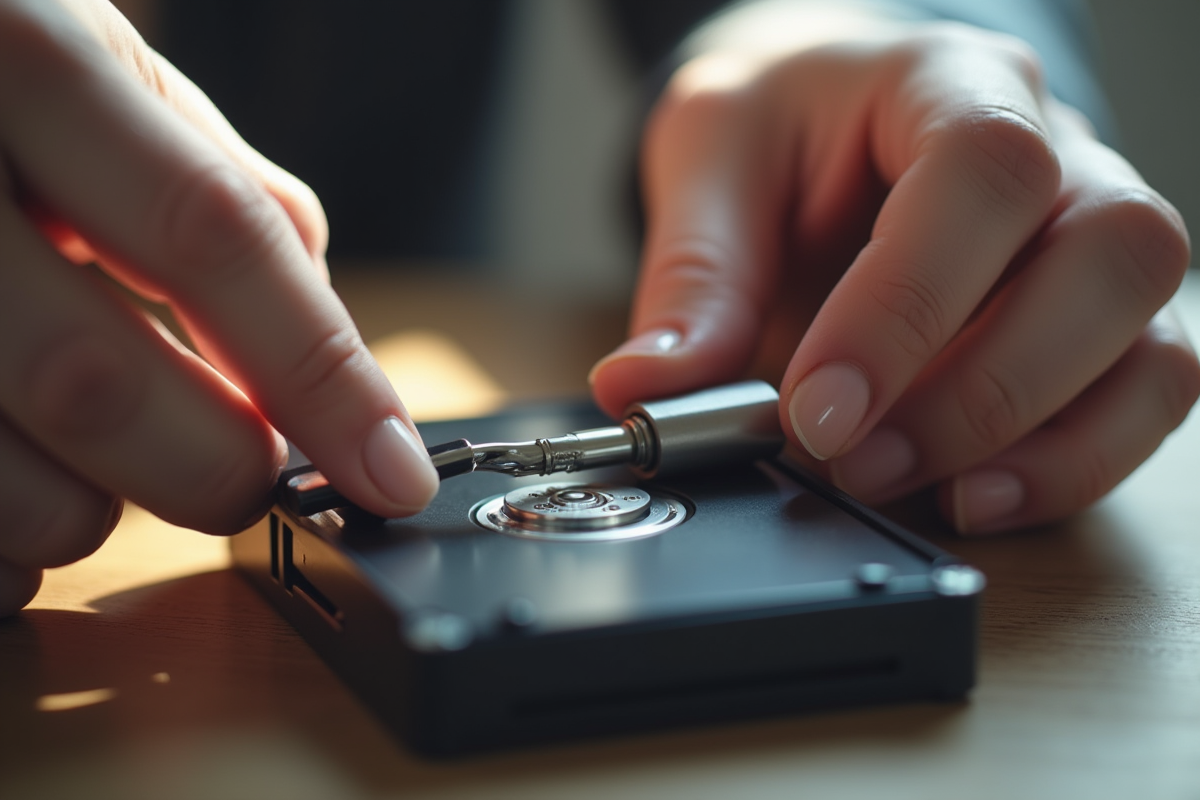 Mains d hommes et femmes verrouillant un cadenas sur un disque dur